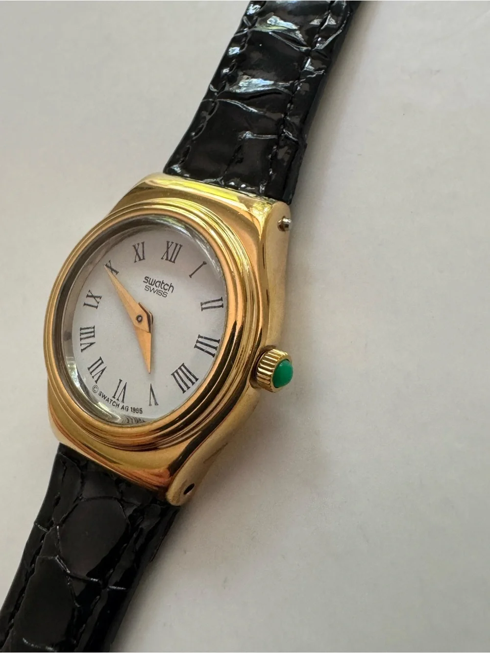Swatch Watch White Dial with Roman Numerals and Black patent Strap